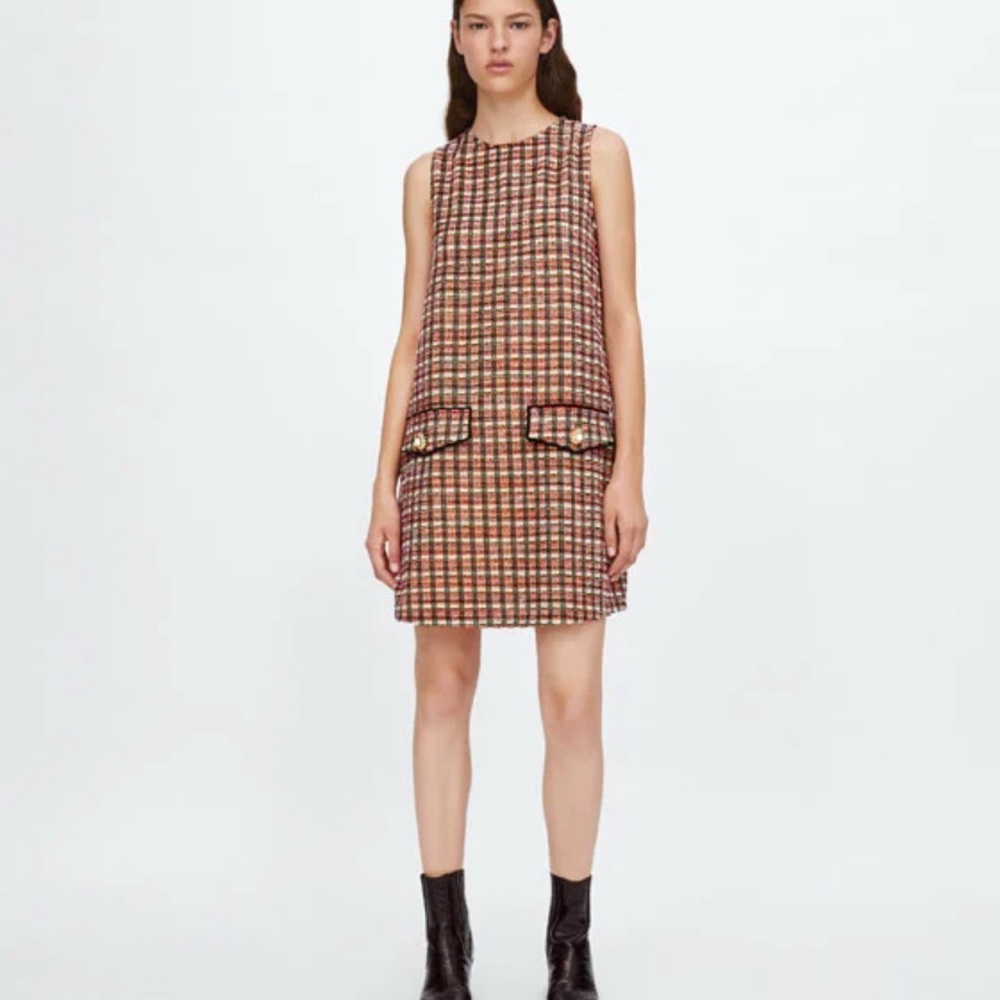 Zara Red tweed Check mini Dress